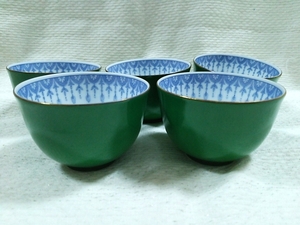 ★【一美堂】★茶道具★京・橘吉製★緑磁に瓔珞『湯呑茶碗５客』★名品★共箱付★