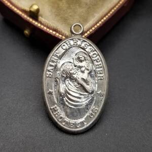 1950年代 St. Christopher protect us 925 シルバー ヴィンテージ チャーム 銀細工 ペンダント 宗教メダル キリスト 聖者 Y8-H