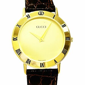 【1円スタート】【箱付き】GUCCI グッチ 3000.2.M GP×革ベルト ゴールド文字盤 クオーツ メンズ腕時計 334702