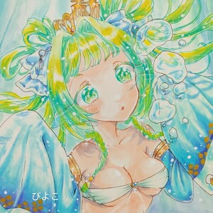 「水槽の中」観賞用人魚(品種:金華猫 1才)　手描きイラスト　ラフ付き　B5サイズ　創作 オリジナル　女の子　コピック　水彩　アナログ原画