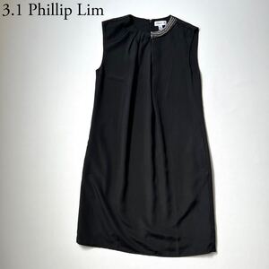 美品 3.1 Phillip Lim スリーワンフィリップリム ドレス　ノースリーブワンピース ビジュー装飾　ドレープ　膝丈　ブラック　レディース