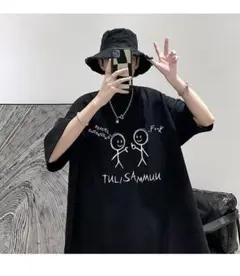 【再入荷】Tシャツ メンズ 手書きデザイン シンプル ブラック 韓国