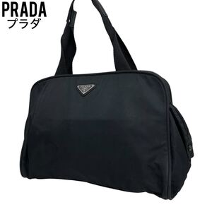 美品PRADA プラダ　トートバッグ　ブラック　ナイロン　レザー　手提げ　ハンドバッグ　ショルダーバッグ　三角プレート　白タグ