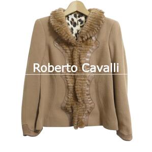 ほぼ美品 ROBERTOCAVALLI ロベルトカヴァリ サイズ44 ミンクファー 裏地レオパード柄 シングル ジャケット コート 茶 ブラウン