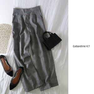 3.5万☆ギャバジンケーティー Gabardine K.T☆ウール グレンチェック柄フルレングスワイドパンツ 9号サイズ 日本製☆M-B 0089