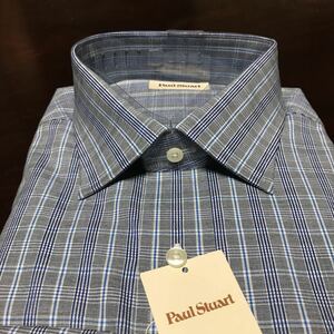 ポールスチュアート　綿100％　グレー地ブルーチェックワイシャツ　L(41-84)　セミワイド