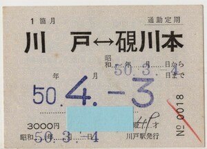 国鉄　通勤定期　青地紋　１箇月　川戸←→石見川本　常備券　川戸駅発行　S50