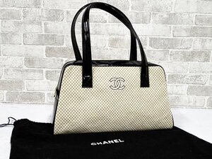 シャネル CHANEL●ボストンバッグ エナメル キャンパス 鞄/W38.5×H22×D13cm/ブラック×ベージュ/訳有/1円スタート/AY