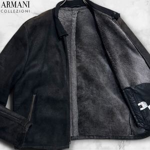 XXLサイズ/ラムレザー●極暖!! アルマーニ コレツィオーニ ムートン ジャケット 羊革 ARMANI COLLEZIONI 毛皮 ボア ダークグレー 52