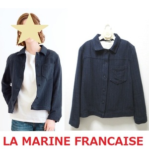 ★LA MARINE FRANCAISE★マリンフランセーズ★ふんわり軽量 起毛ストライプ シャツ ジャケット上着ネイビー 日本製★アウター　秋【中古】