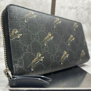 極美品 グッチ GUCCI 長財布 ラウンドファスナー ジッピーウォレット PVC GGマーモント タイガー 虎 メンズ ビジネス レザー ブラック 黒