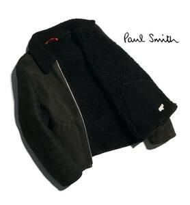 最高級【羊革】Paul Smith LONDON ポールスミス レザージャケット L 羊革 裏ボア メンズ 黒 保温性抜群 ロゴ ジップ ロンドン