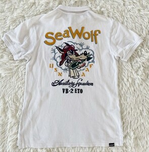 90s　AVIREX　アヴィレックス　SEA WOLF　半袖　ポロシャツ　肉厚刺繍　ホワイト　メンズ　Mサイズ　ヴィンテージ　ミリタリー　アメカジ