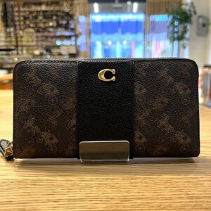 【77】 美品 COACH コーチ アコーディオン ジップ ウォレット ホース ＆ キャリッジ プリント 長財布 財布 ブラック×ブラウン ブランド