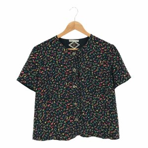 GIANNI VERSACE ジャンニヴェルサーチェ 【lay0579R】 フラワープリントブラウス シャツ L イタリア 花 半袖 ネイビー 紺 レディース CH