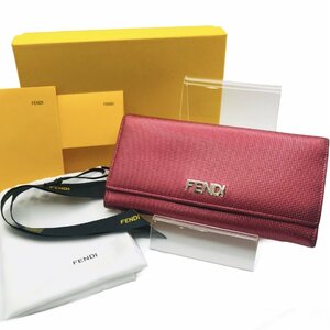 良品 FENDI フェンディ ロゴ レザー 二つ折り 長財布 ウォレット ピンク a2057