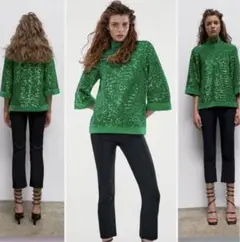 【未使用品】ZARA SEQUINED TOP スパンコールトップ　緑　派手