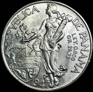 【パナマ大型銀貨】(1947年銘 26.8g 直径37.5mm)