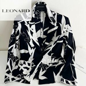 d14 美品●LEONARD●贅沢セレブ　白花柄　フラワープリント●コットンジャケット レオナール レディース フォーマル　旅行おでかけ　L