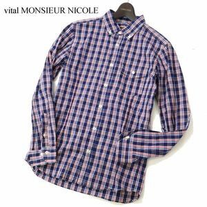 vital MONSIEUR NICOLE ムッシュ ニコル 通年 日本製生地★ 長袖 ボタンダウン ワーク チェック シャツ Sz.46　メンズ 紺　C3T03000_4#C