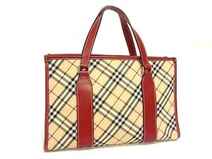 1円■美品■ BURBERRY バーバリーブルーレーベル キャンバス×レザー チェック柄 ハンドバッグ トートバッグ ベージュ系×レッド系 FB8971