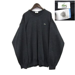 サイズ L 程度 ラコステ LACOSTE クルーネック ウール ニット セーター ロゴ ワンポイント チャコールグレー 古着 2F0796