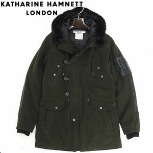 ◆KATHARINE HAMNETT LONDON キャサリン ハムネット ロンドン ウール 中綿 フーデッド コート ダークモスグリーン M