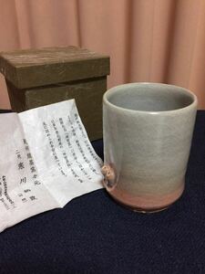 紀州焼 葵窯 湯呑 花入 花瓶 筆立 ペン立 寒川栖豊 2代目 紙共箱 しおり 美品 寒川 栖豊 司郎 南枝庵 茶器 花器 筆筒