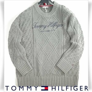 新品1円～★定価2.4万 TOMMY HILFIGER トミー ヒルフィガー ユニセックス ケーブルグラフィッククルーネックニット M グレー◆6447◆