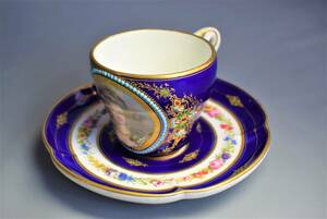 antique　Montesson　肖像画　瑠璃色　cobaltblue　coffee cup＆saucer　骨董品　珈琲カップ　アンティーク