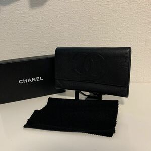 良品　CHANEL シャネル キャビアスキン ココマーク ブラック 長財布 大きめ　ロングウォレット 