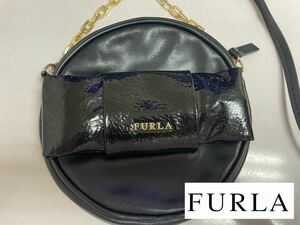 美品◇FURLA◇フルラ◇リボンミニショルダー◇本革◇ポシェット◇BLACK