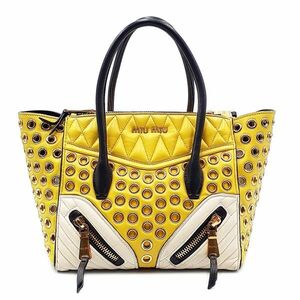 ◆良品◆ ミュウミュウ miumiu ハンドバッグ 鞄 バイカー マテラッセ パンチング レザー 本革 ゴールド金具 G金具 黄系 黒系 01-24111801-O