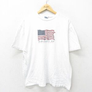 XL/古着 オールドネイビー 半袖 ビンテージ Tシャツ メンズ 90s 星条旗 コットン クルーネック 白 ホワイト 24jun24 中古