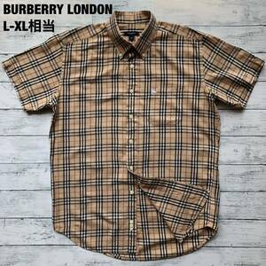 希少美品/L-XL相当/総ノバチェック◎バーバリーロンドン BURBERRY LONDON BD半袖シャツ 総柄 ホースロゴ刺繍 メンズ ボタンダウン 春夏