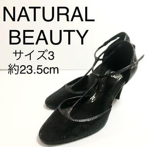 ナチュラルビューティー パンプス 黒 ブラック シューズ 靴 スパンコール 女性