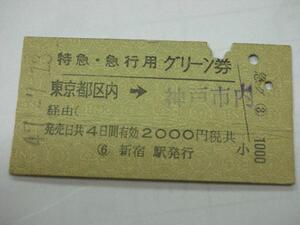 /H019【送込】特急急行用グリーン券 東京都区内→神戸市内S47難有