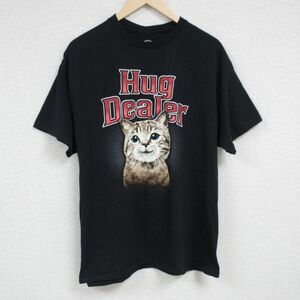 XL/古着 半袖 Tシャツ メンズ ネコ コットン クルーネック 黒 ブラック 24jun21 中古