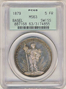 ●スイス 1879年 PCGS MS63 近代射撃祭 バーゼル 5フラン銀貨 OGH　発行30000枚