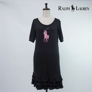 美品 RALPH LAUREN ラルフローレン ホースプリント ティアードフリル 半袖カットソーワンピース レディース 黒 ブラック サイズXL*SC207