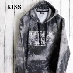 KISS キッス バンド ロゴプリント モノトーン絞り総柄 スウェットパーカー