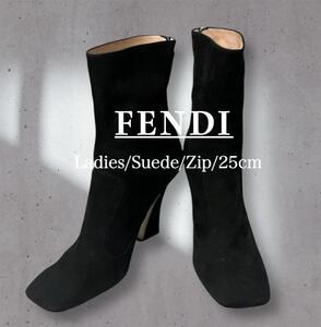 FENDI フェンディ スエードスクエアトゥバックジップブーツ 40 25cm黒