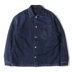 美品 PRADA プラダ シャツ サイズ:L トライアングルロゴ プレート パテッド デニムシャツ (Padded Denim Shirt / 2023年製) インディゴ