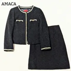 良品◎AMACA ツィード スーツ ノーカラー セットアップ 濃紺 ラメ M