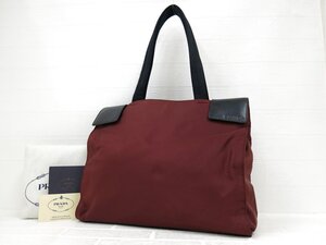 ◆超美品◆PRADA プラダ◆ナイロン カーフ レザー 本革◆トート バッグ◆ボルドー ブラック シルバー金具◆イタリア製◆ロゴ型押し◆A8534