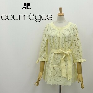 美品◆courreges クレージュ 花柄総レース タック リボンベルト付 チュニック パステルイエロー 38