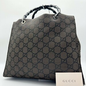 美品☆ GUCCI グッチ バンブー トートバッグ GG柄 ハンドバッグ ブラック 黒 ナイロン 大容量 総柄 キャンバス メンズ レディース 男女兼用