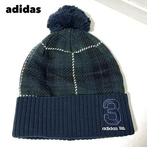 adidas アディダス No.3 グリーン×ネイビー チェック ニット帽