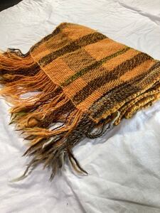 ハンドメイド ショール 手織り オレンジ系 ウール100％ ロングマフラー handmade wool handwoven scarve shawl wool plaid pattern orange