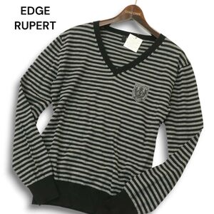 【タグ付き】EDGE RUPERT ルパート 通年 ワッペン★ ボーダー コットン セーター Vネック ニット Sz.3 メンズ グレー　A4T13876_C#L